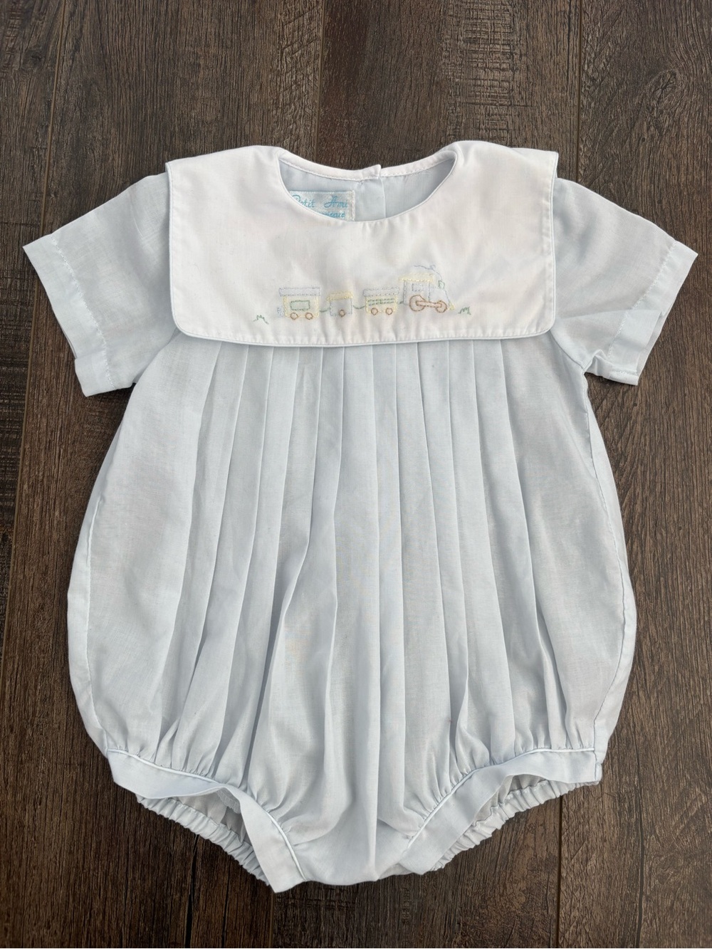 Petit Ami Blue Pleated Bubble Romper Train Embroidered Square Collar 6 Months